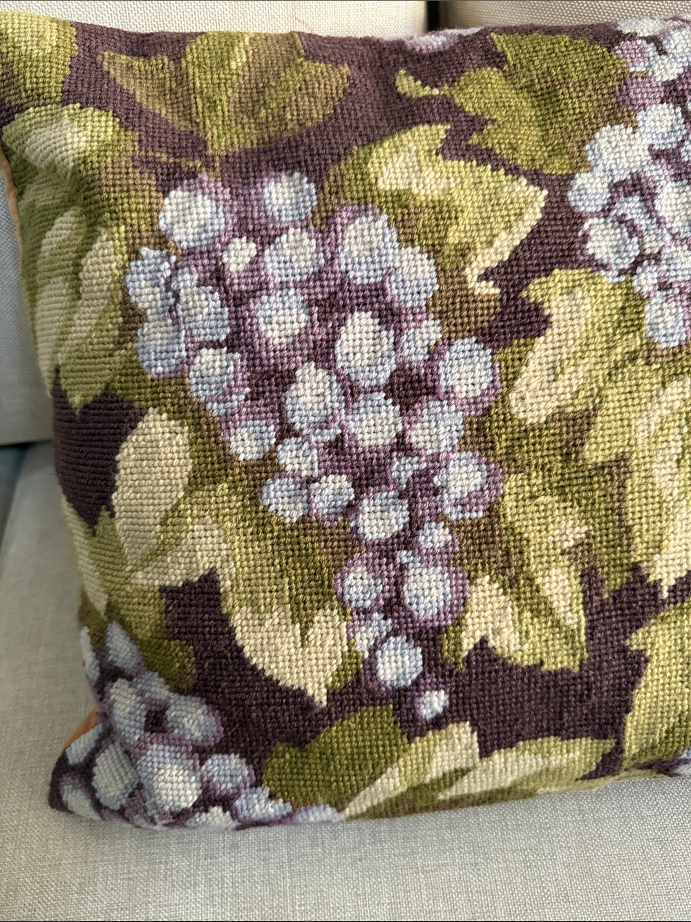 Hand made needle point pillow decorative accent GRAPES 🍇 Green and Purple Floral